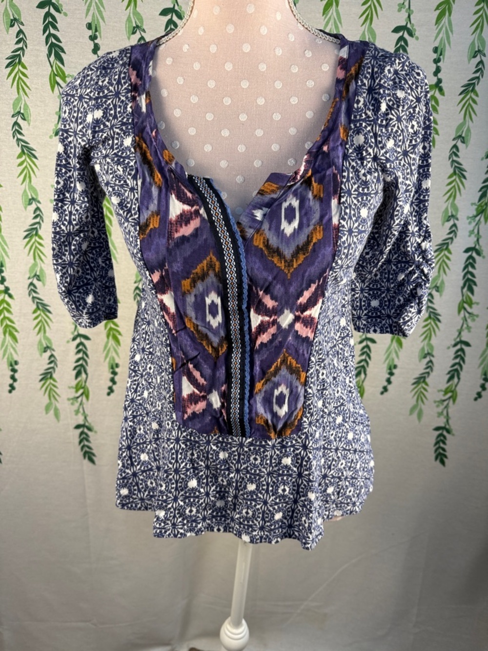 Women's Blue Printed Anthropologie Boho Tunic Blouse with Purple Accent Yoke C2